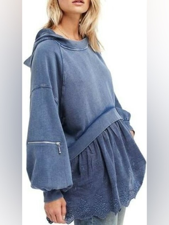 Free People Tops - Free People Blue Washed Hoodie Tunic with Lace Hem